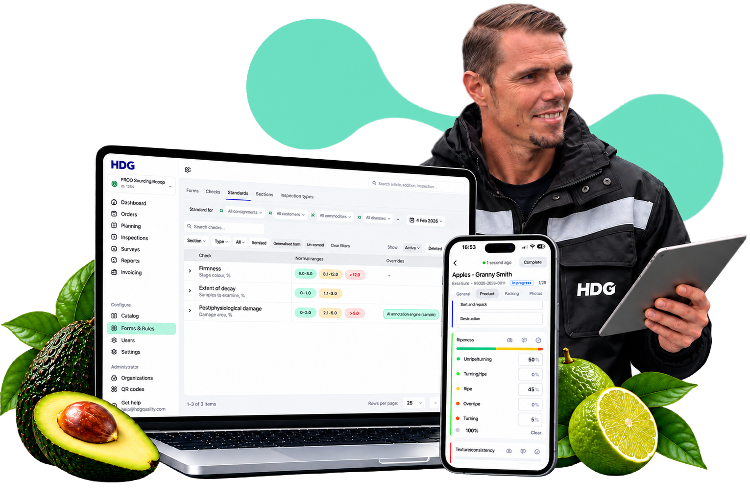 The new QC4U platform on laptop and phone, with a quality specialist and fresh produce